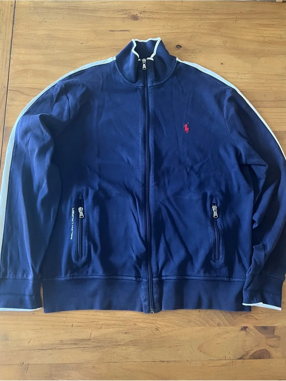 Polo by Ralph Lauren Navy Blue Track Jacket with White Trim 100% Cotton